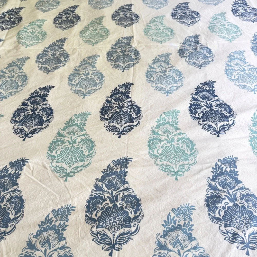 Pottery Barn King Duvet Cover Set Organic Cotton Blue Teal Paisley Block Print
